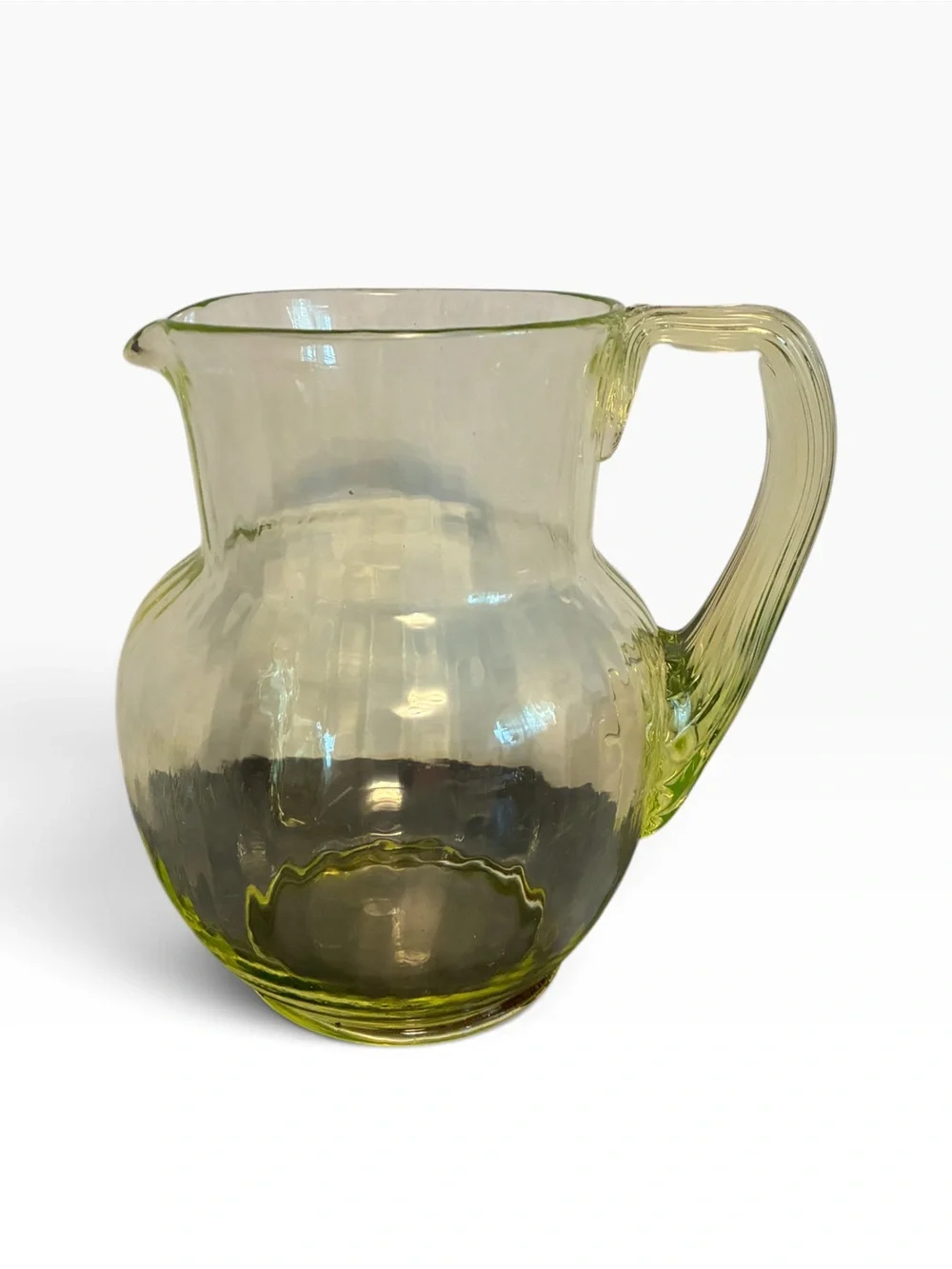 Vintage Pillar Optic Uranium Vaseline Glass Pitcher MCM Depression